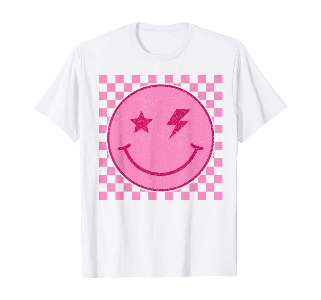 Pink Happy Face Checkered Pattern Smile Face Trendy Smiling T-Shirt | Amazon (US)