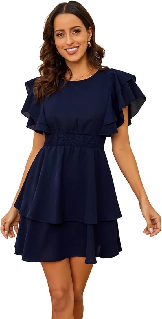 Basicspace Women's Summer Round Neck Short Ruffle Sleeve Chiffon Dress Elastic Waist Tiered Hem Swin | Amazon (US)
