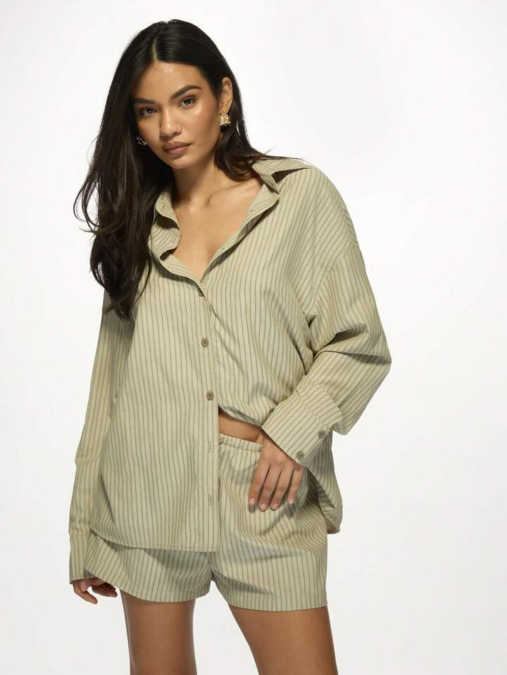 MISSGUIDED Two-Piece Beach Loungewear Set Striped Button-Down Oversized Shirt With Matching Relaxed Shorts Casual Resort Vacation Summer Co-Ord Set | SHEIN