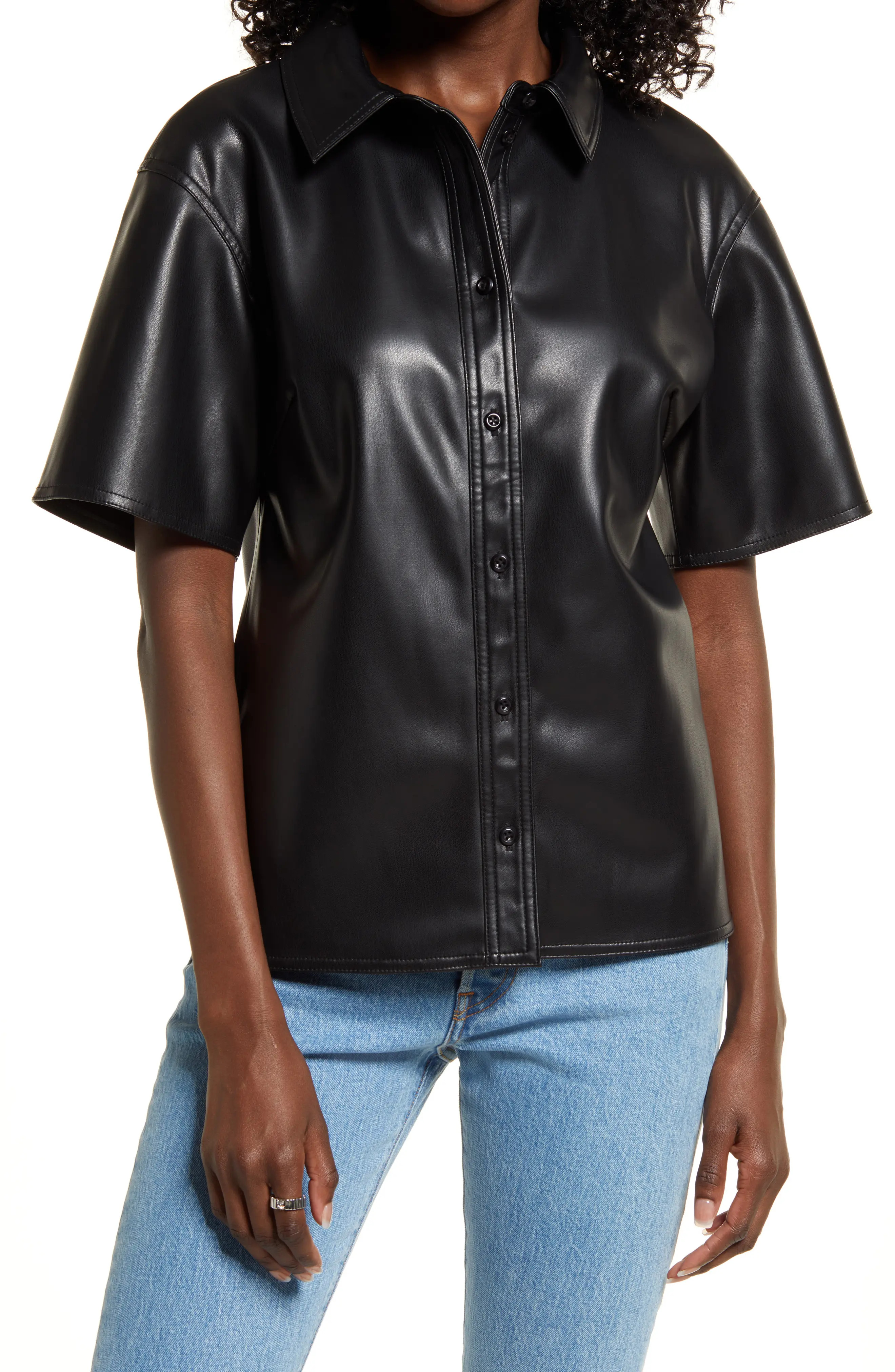 Open Edit Faux Leather Shirt in Black at Nordstrom, Size Large | Nordstrom
