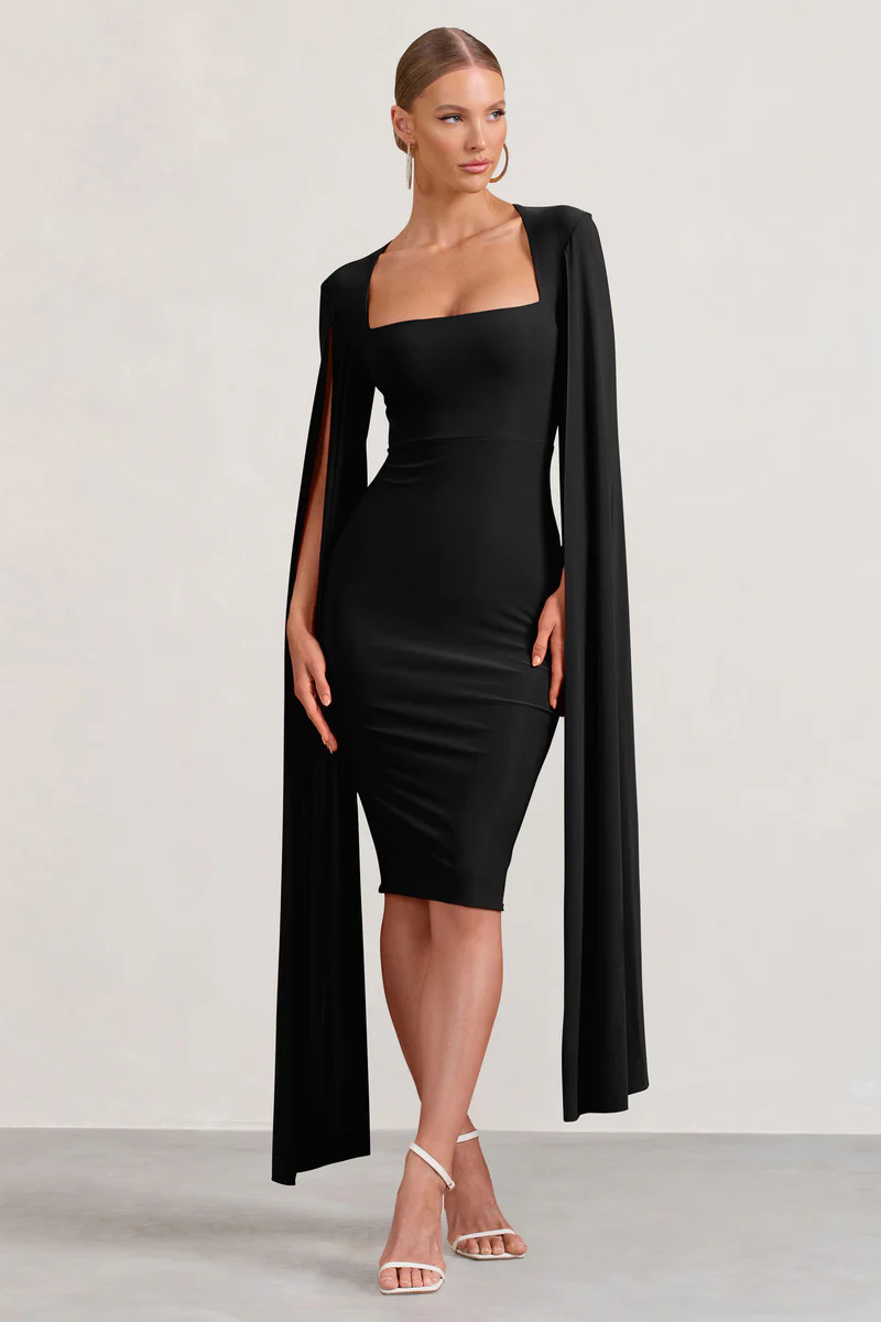 Flawless | Black Square Neck Midi Dress With Cape Sleeves | Club L London