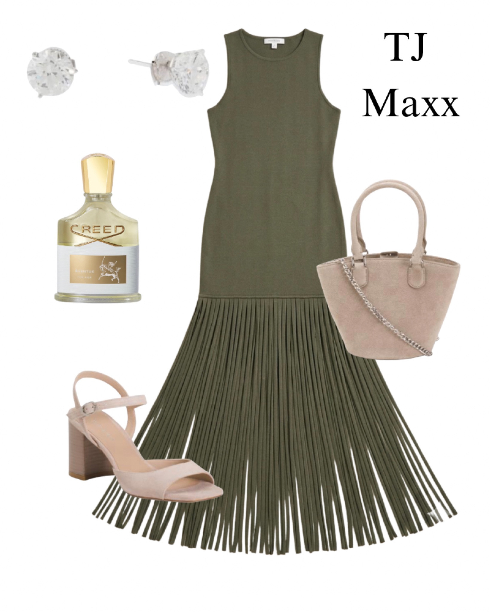 T.J. Maxx outfit idea, green fringe, maxi, dress, purse, diamond, earrings, creed, perfume, heels, date, night, summer, designer deals.

#LTKSaleAlert #LTKBeauty
