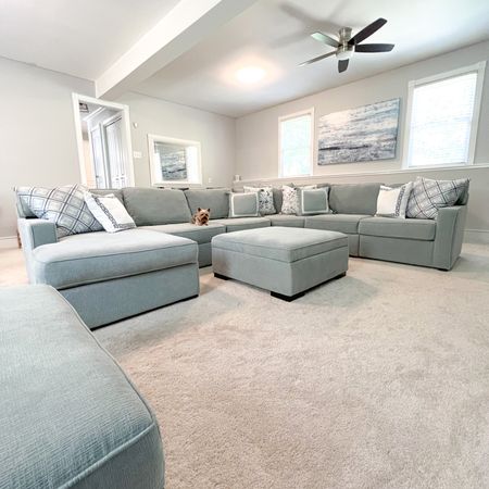 My coastal grandmillennial family game room is complete & I’m sharing a full review of my 5-Piece Radley Sectional from Macy’s in Heavenly Robbinsegg Blue (after having it for three years) on my website: www.housewifehospitality.com

#LTKSeasonal #LTKhome #LTKsalealert