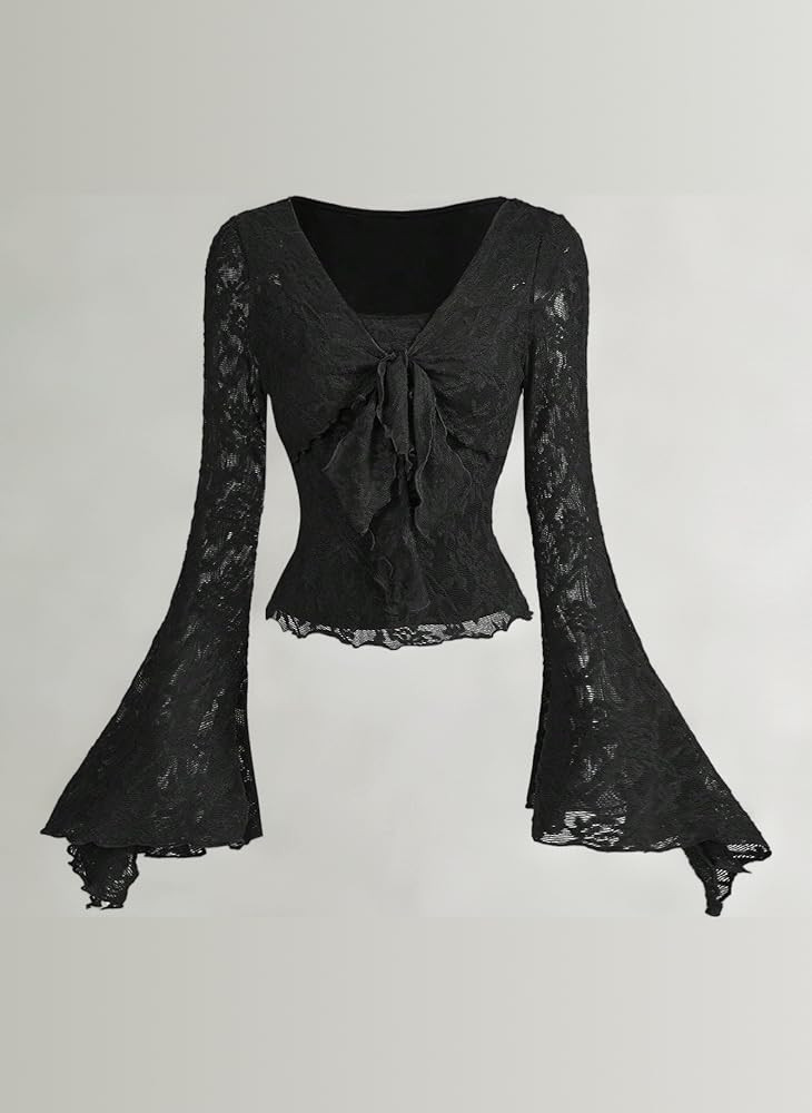 GORGLITTER Damen Oberteil mit Spitze Bauchfreies Spitzentop mit Knoten Vorn Elegant Bluse Langarm... | Amazon (DE)