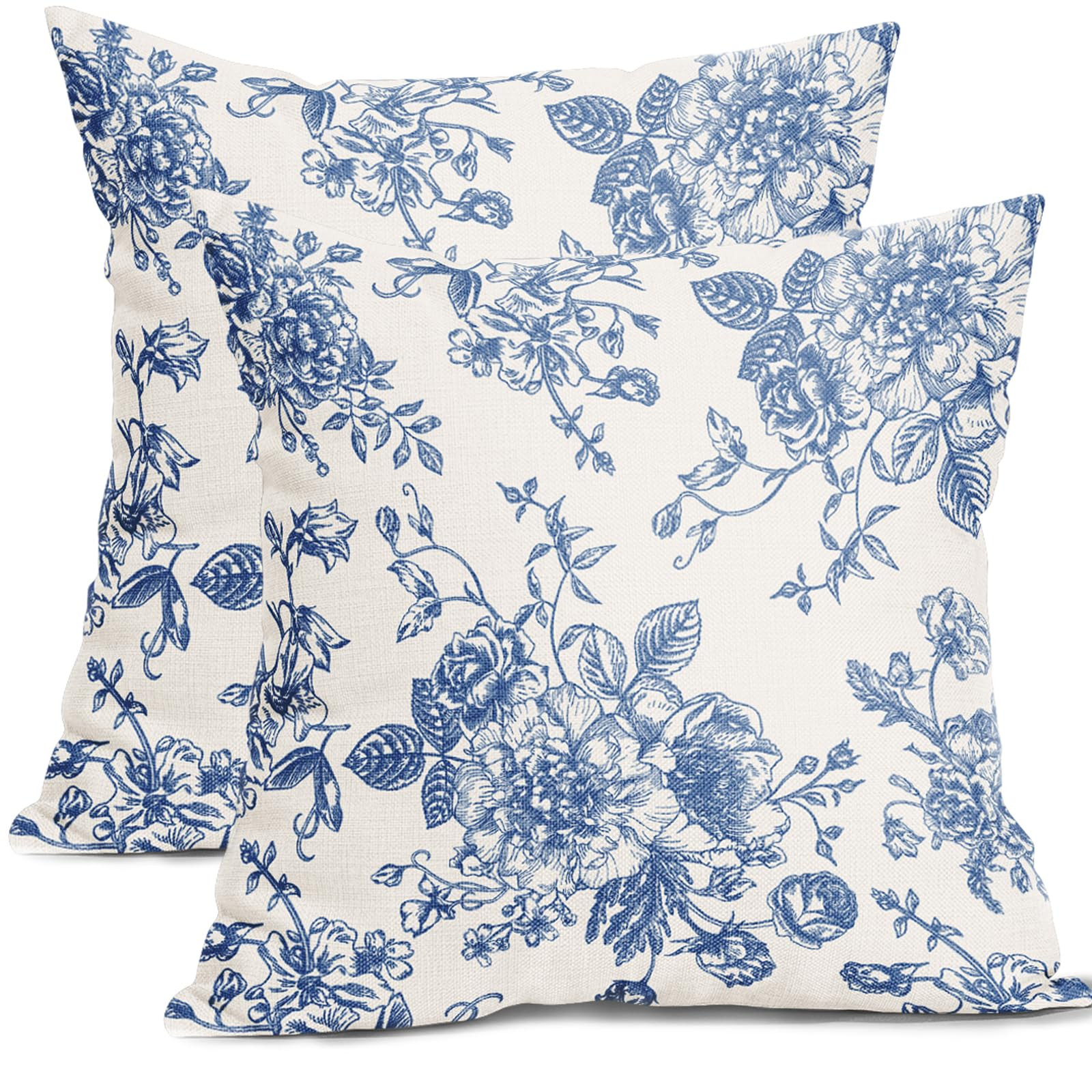 Blue Floral Pillow Covers 18x18 Inch Vintage Flower Blue White Decorative Throw Pillow Covers Set... | Amazon (US)