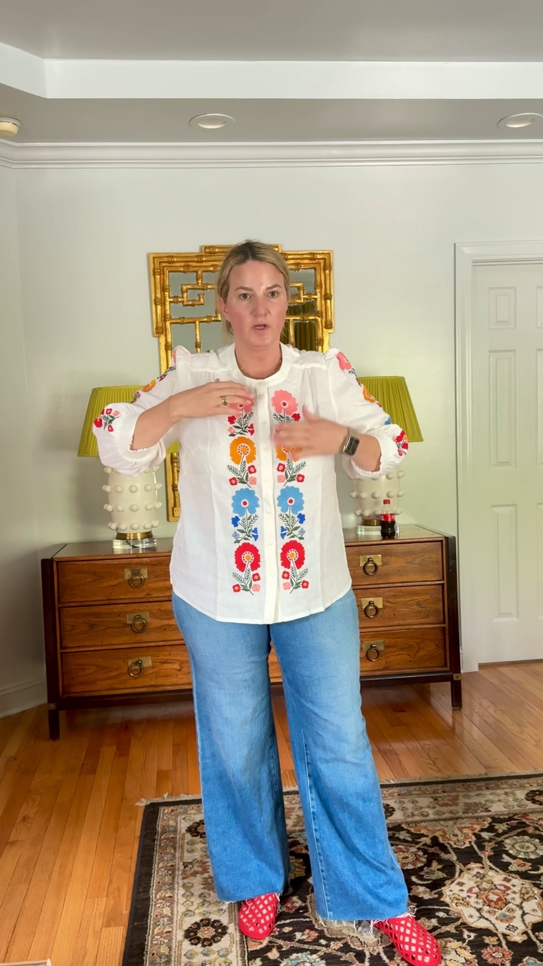 Love this embroidered linen top from Boden 
Wide leg denim 
Jelly shoes 

#LTKSaleAlert #LTKOver40