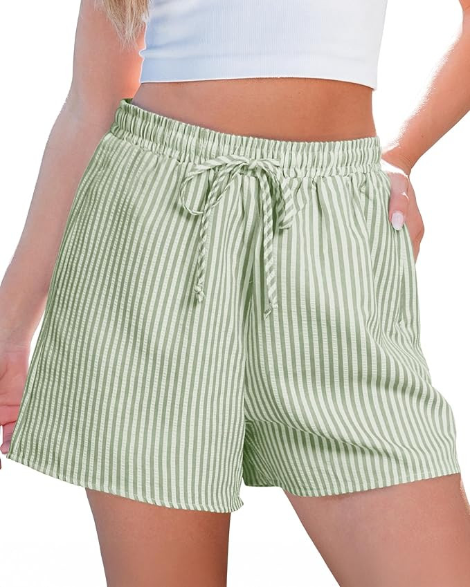 luvamia Striped Shorts for Women High Waisted Beach Casual Drawstring Pull On Elastic Waist Summe... | Amazon (US)