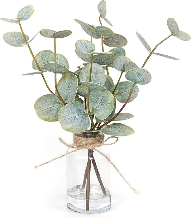 Artificial Eucalyptus Stems in Glass Vase with Faux Water,3Pcs Fake Plant with Double-Sided Green... | Amazon (US)