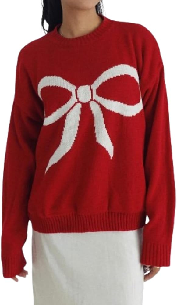 Preppy Fall Graphic Pullover Knit Sweater Oversized Crewneck Bow Sweaters Y2k Women Coquette Tops | Amazon (US)