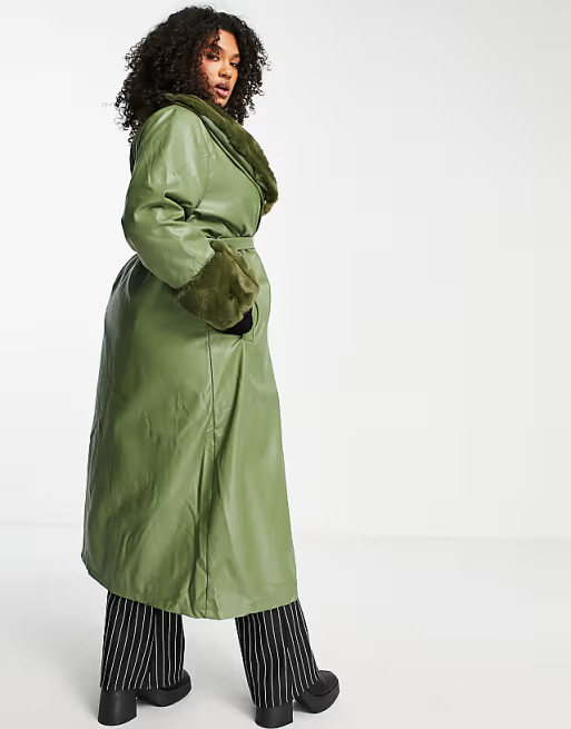Reclaimed Vintage Plus longline leather look trench with detachable faux fur collar in sage | ASOS (Global)