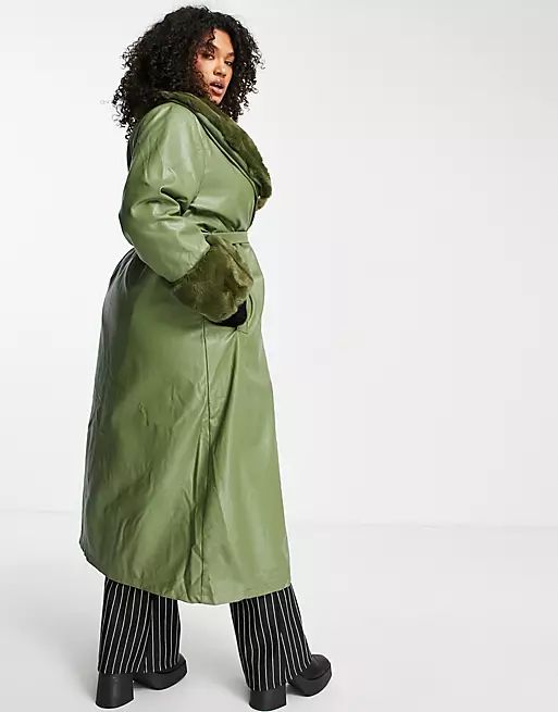 Reclaimed Vintage Plus longline leather look trench with detachable faux fur collar in sage | ASOS (Global)