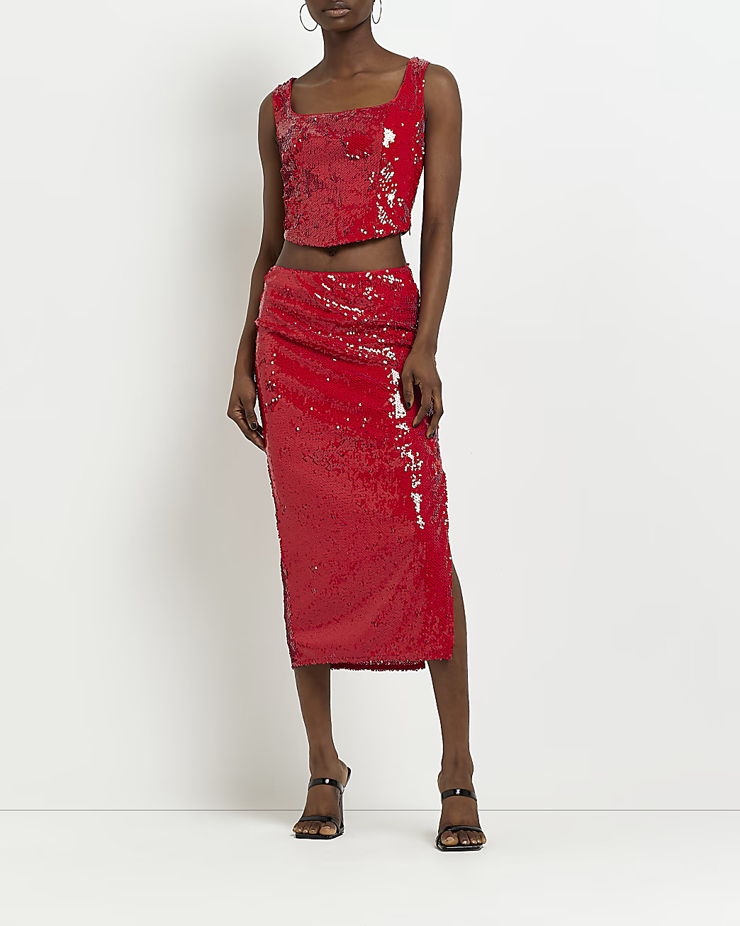 River Island Womens Red sequin pencil midi skirt | River Island (UK & IE)