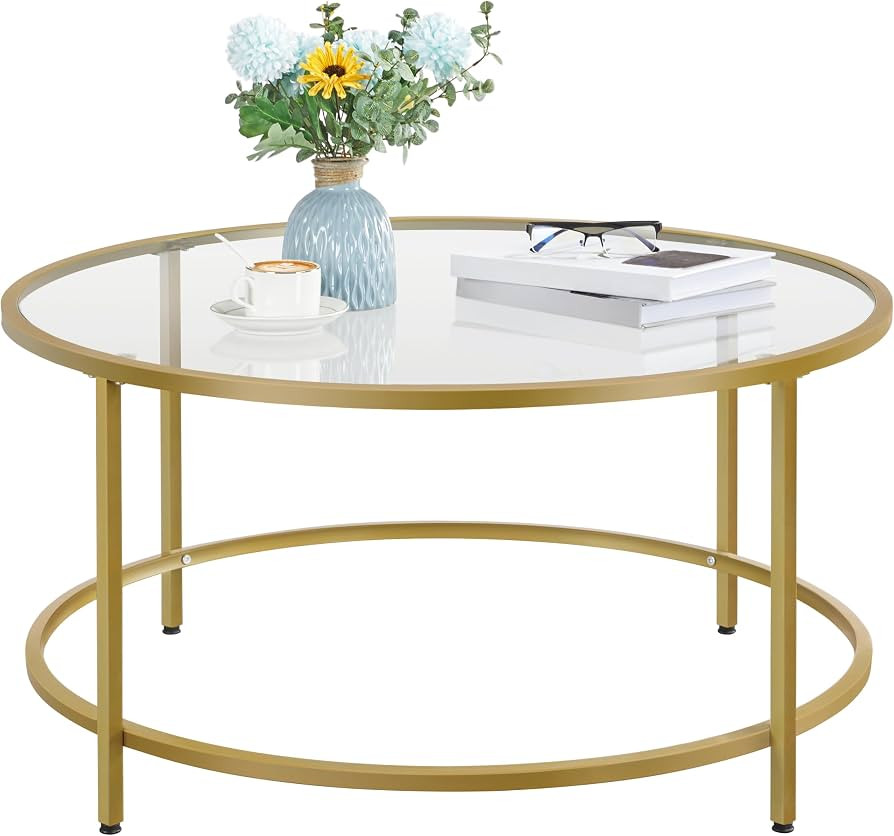 Yaheetech 36in Round Glass Coffee Table, Gold Modern Sofa Table w/Metal Structure for Living Room... | Amazon (CA)