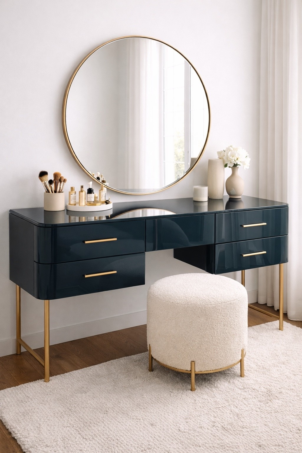 Stylish makeup vanity featuring a deep navy blue desk with gold legs and hardware, a round gold mirror, and a soft boucle ottoman. This modern beauty corner blends luxury and minimalism with rich colors, clean lines, and elegant decor, creating the perfect space for a chic makeup routine or bedroom vanity setup. Ideal inspiration for modern interiors and beauty room design.

#makeupvanity #vanitytable #beautyroom #modernvanity #navydecor #goldaccents #pinteresthome #ltkhome #interiorinspo #homedecorideas #moderninterior #vanitysetup #luxurydecor #bedroomvanity #neutraldecor