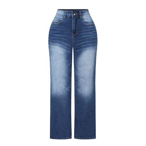 THUNDER STAR Womens High Waisted Wide Leg Jeans Stretchy Distressed Denim Pants P Blue L | Amazon (US)