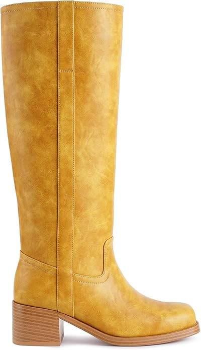 Women's Banana Knee High Boots Square Toe Chunky Block Heel Comfortable Low Heel Pull on Wide Cal... | Amazon (US)