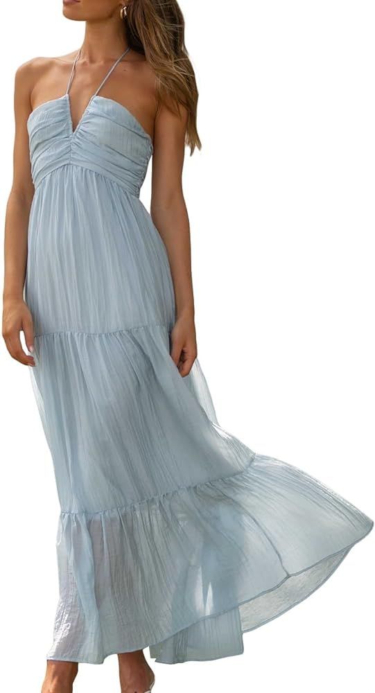 Juakoso Women Sexy Sleeveless Halter Neck Maxi Dress Backless Ruffle Hem Tiered Flowy Long Dress ... | Amazon (US)