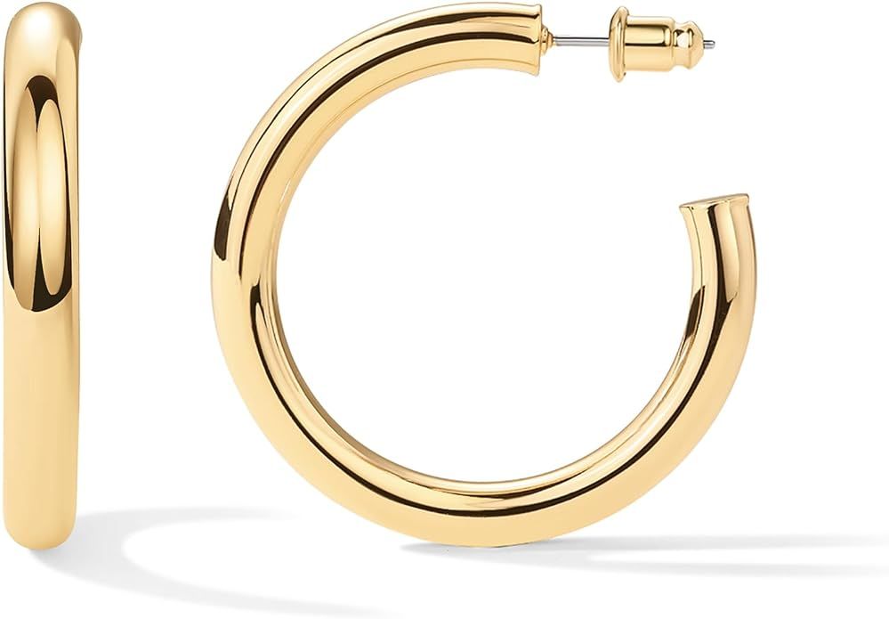 PAVOI 14K Gold Plated Lightweight Chunky Open Hoops for Women | Trendy Gold Hoop Earrings | Amazon (US)