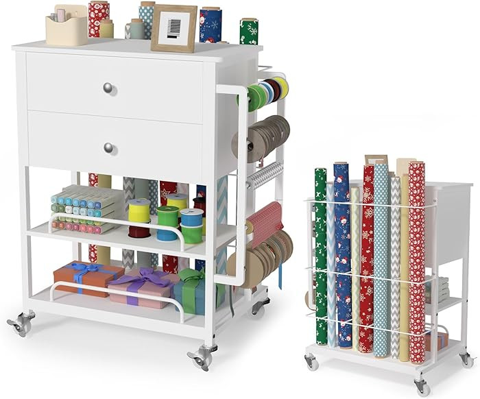 Christmas Wrapping Paper Storage & Organizer, Craft Cart with Ribbon & Gift Bag Storage, Wrapping... | Amazon (US)