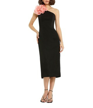 Mac Duggal Crepe One Shoulder Flower Applique Sleeveless Back Slit Midi Sheath Dress | Dillard's | Dillard's