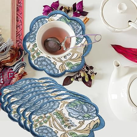 Ridhi Hand Block Print 8- pcs Canvas Cotton Drink Absorbent Stylish Embroidery Scallop Coaster Se... | Amazon (US)