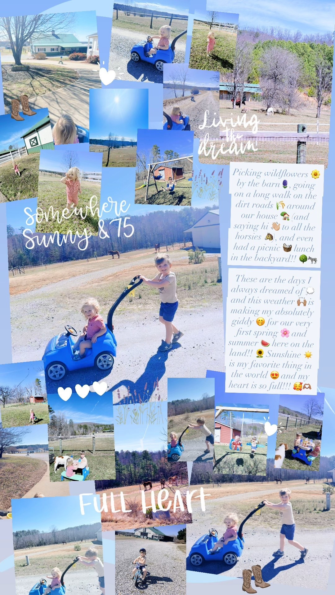 Picking wildflowers 🌼 by the barn🪻, going on a long walk on the dirt roads 🌾 around our house 🏡 (and saying hi 👋🏼 to all the horsies 🐴), and even had a picnic 🧺 lunch in the backyard!! 🌳🫏 

These are the days I always dreamed of 💭 and this weather 🙌🏽 is making my absolutely giddy 🤭 for our very first spring 🌸 and summer 🍉 here on the land!! 🌻 Sunshine ☀️ is my favorite thing in the world 😍 and my heart is so full!!! 🥰🫶🏽
