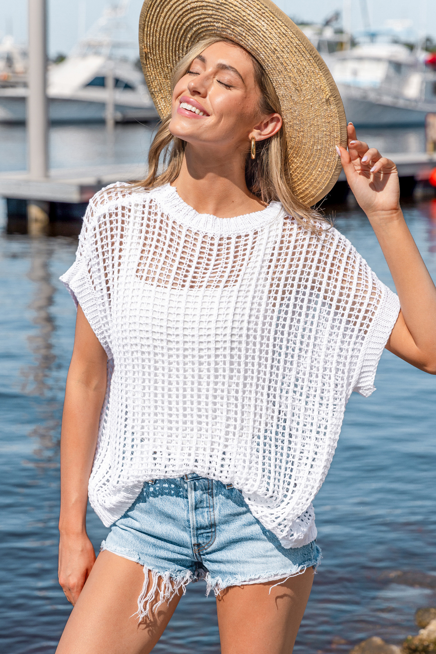 White Round Neck Short Sleeve Open Knit Cover-Up Top | Cupshe US