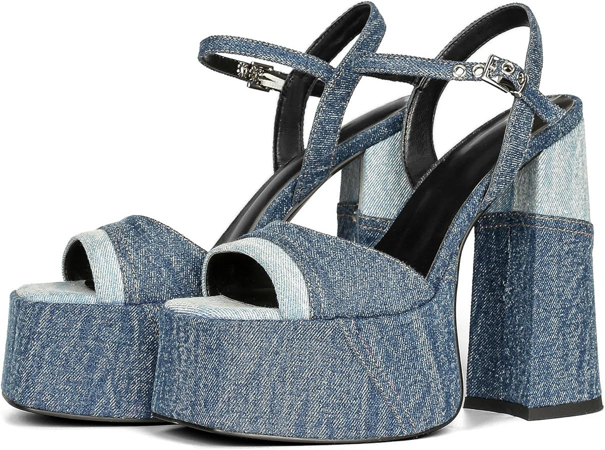 Gradinery Platform Heels for Women Denim Chunky High Heel Sandals Peep Open Toe Ankle Buckle Stra... | Amazon (US)