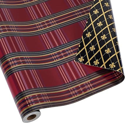LaRibbons Reversible Christmas Wrapping Paper Mini Roll, Red Plaid and Black Base with Gold Fleur... | Amazon (US)