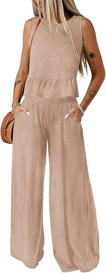 Dokotoo Pants Sets Women 2 Piece Outfits Sleeveless Round Neck Tank Tops Matching Sets for Women ... | Amazon (US)