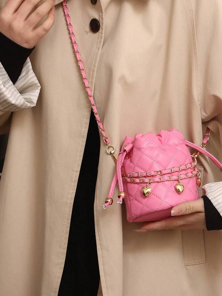 Mini Casual Chain Bucket Bag With Embroidered Diamond /Square Pattern, Drawstring Closure And Sho... | SHEIN