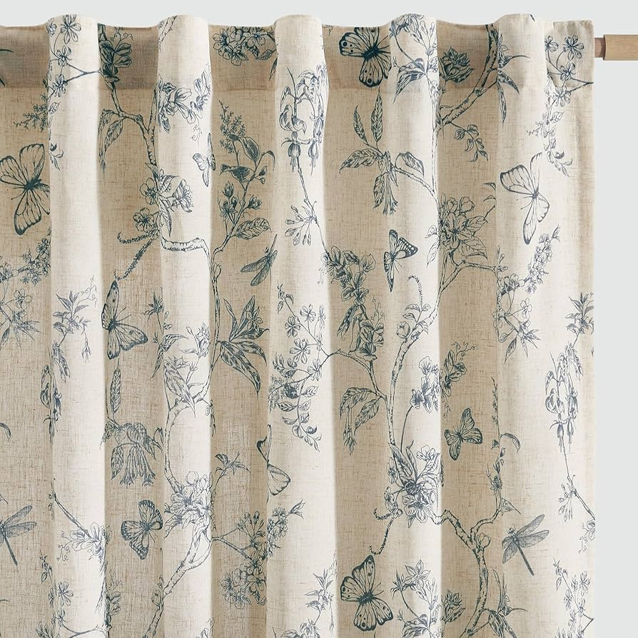 jinchan Floral Linen Curtains for Living Room 84 Inch Length Printed Toile Curtain Blue Light Fil... | Amazon (US)