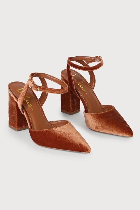 Viki Copper Velvet Pointed-Toe Ankle Strap Pumps | Lulus (US)
