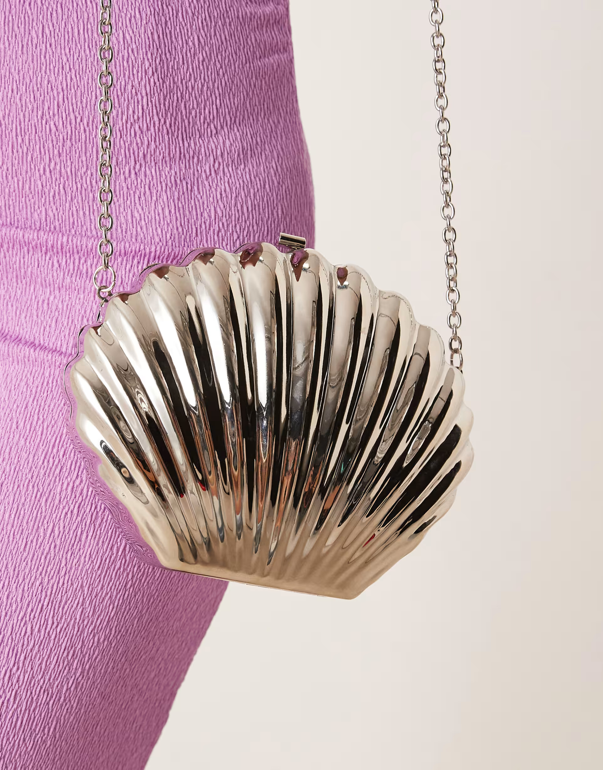 ASOS DESIGN shell metal clutch bag in silver with crossbody strap | ASOS (Global)