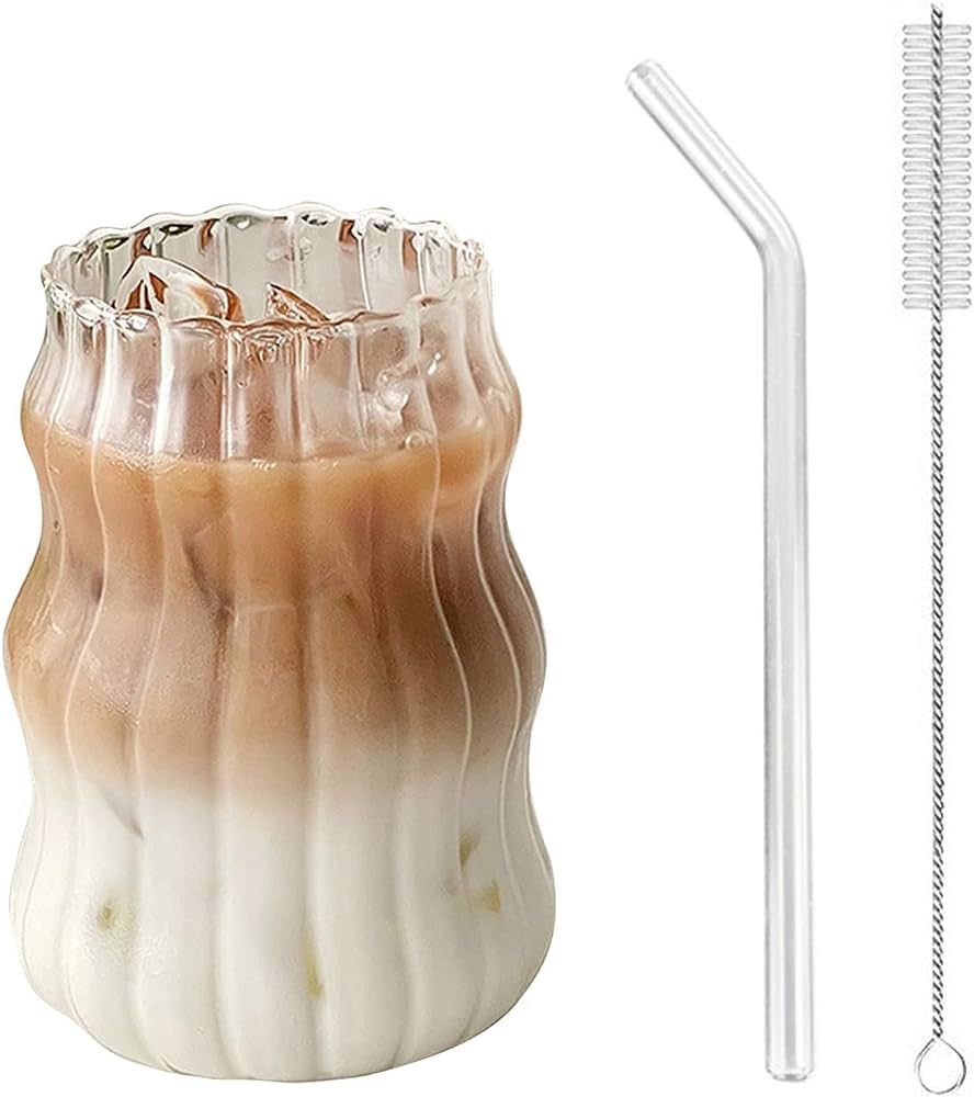 Amazon.com | Iced Coffee Cup with Straw 18 oz Glass Clear Ripple Coffee Mug with Glass Straw and ... | Amazon (US)