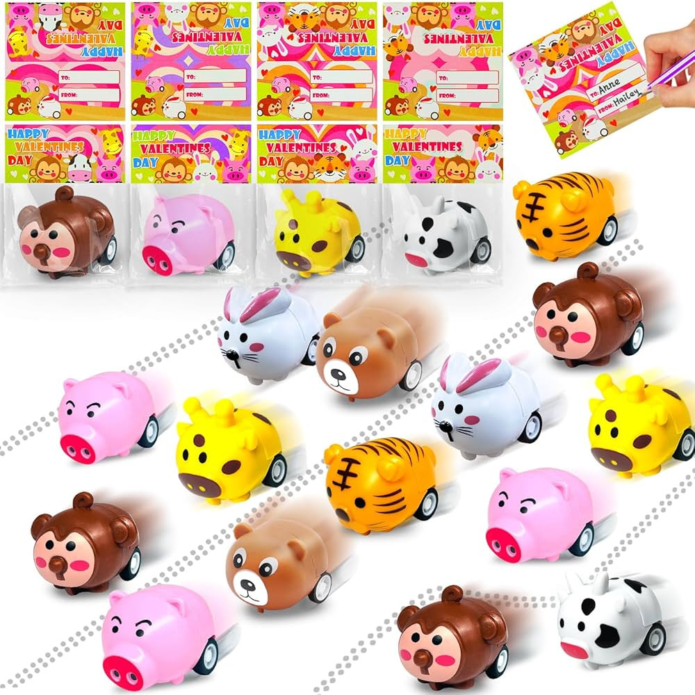 28 Pack Prefilled Valentines Day Gifts for Kids - Pull Back Animals Car Toys with Valentine Cards... | Amazon (US)