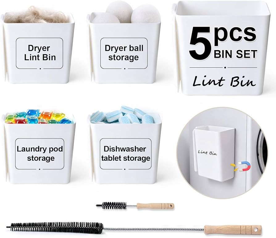 5 Pack Magnetic Lint Bin for Laundry Room, Large Plastic Lint Trash Can with Lid for Dryer, Wall ... | Amazon (US)