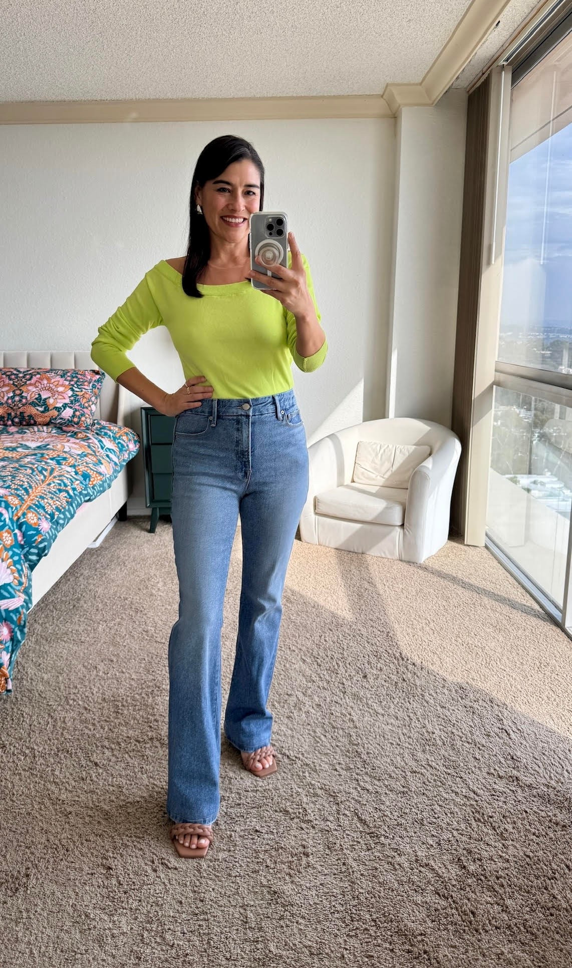 My Daily Look: high waisted bootcut jeans by Good American with a chartreuse sweater and silver accessories

#LTKootd #LTKOver40 #LTKSeasonal