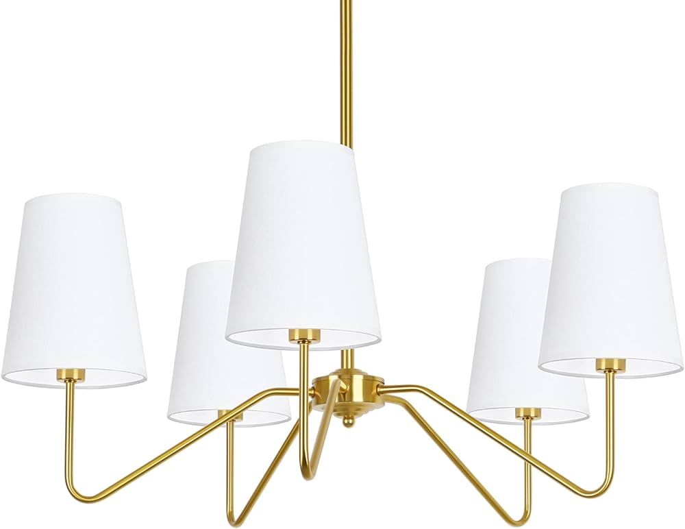 5-Light Modern Chandelier with White Shades, 30” Brass Gold Chandelier for Dining Room, Classic... | Amazon (US)