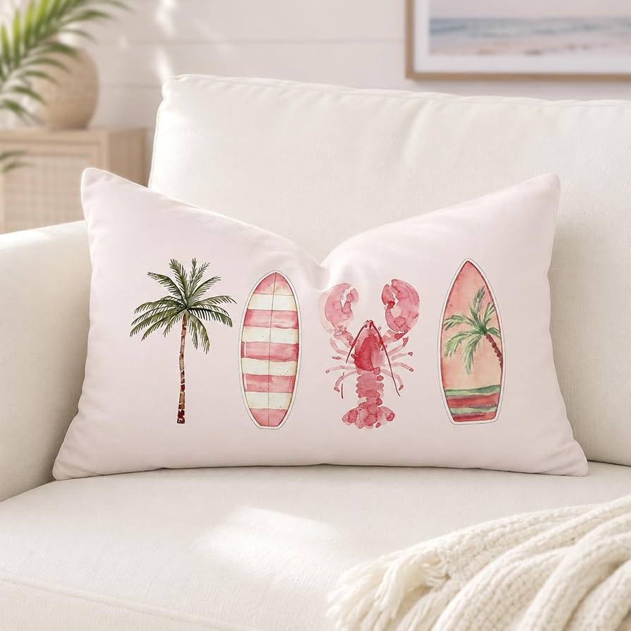 Pink Coastal Beach Surf Room Decor Throw Pillow Cover 12x20, Coastal Preppy Coquette Surfboard Be... | Amazon (US)