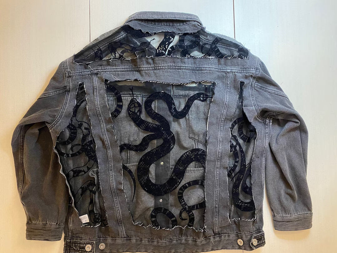 The Snake Jacket - Custom Embroidered Lace Denim Jacket | Etsy (US)