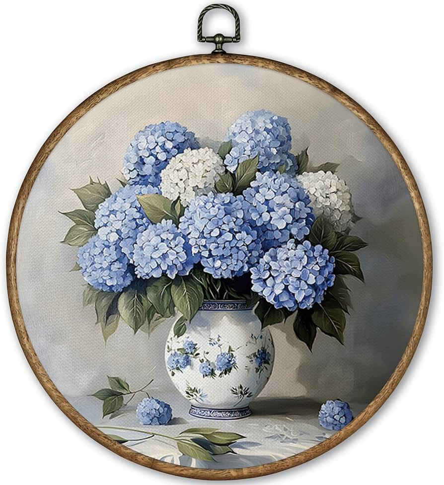 TLESKE Vintage Hydrangea Flowers Round Wall Art Decor Framed 10x10, Blue and White Chinoiserie Sp... | Amazon (US)