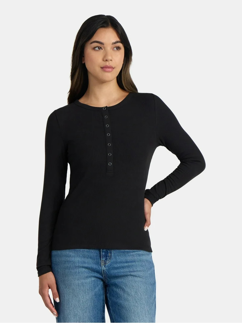 Time and Tru Women's Ribbed Henley Shirt with Long Sleeves, Sizes XS-XXXL | Walmart (US)