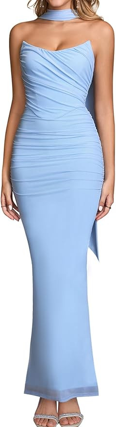 Women's Corset Tube Long Formal Wedding Guest Dresses with Scarf | Elegant Strapless Bodycon Maxi... | Amazon (US)