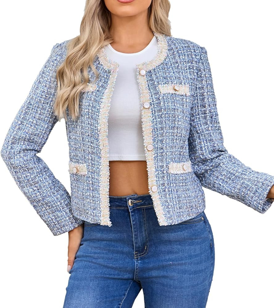 Women's Tweed Blazers Cropped Long Sleeve Crewneck Open Front Lace Trim Lightweight Plaid Work Bu... | Amazon (US)