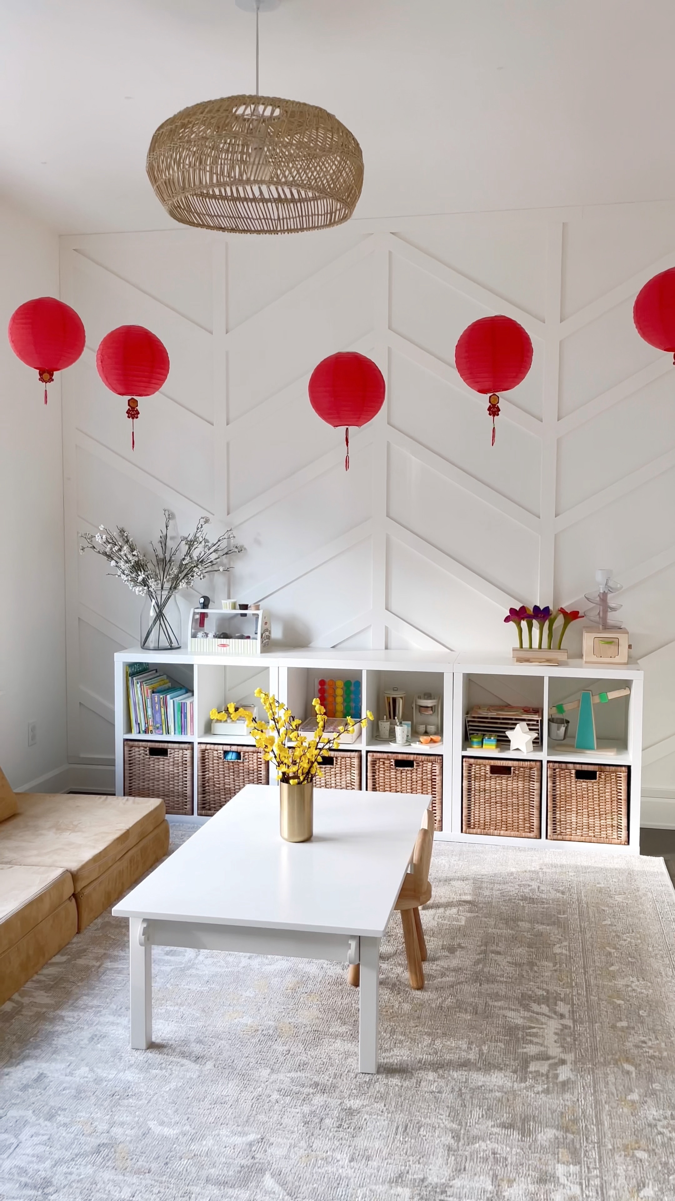 Lunar New Year Decor! 
red paper lanterns, brass vase, nylon string, clear decorating clips, Chinese new year decorations, dragon envelopes, craft table, wooden chairs, rug! 

#LTKhome #LTKfindsunder50 #LTKfamily