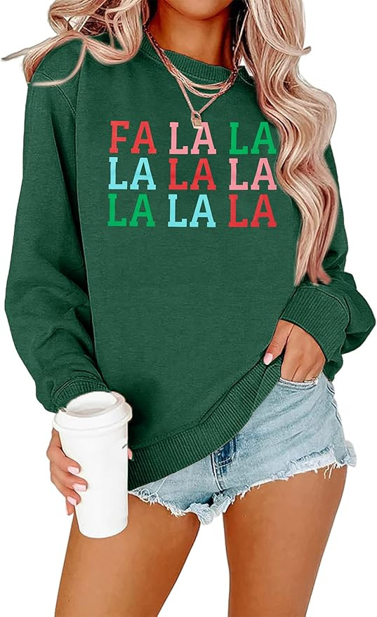 QLIPIN Christmas Sweatshirt for Women Fa La La La Christmas Song Sweater Xmas Music Notes Crewnec... | Amazon (US)