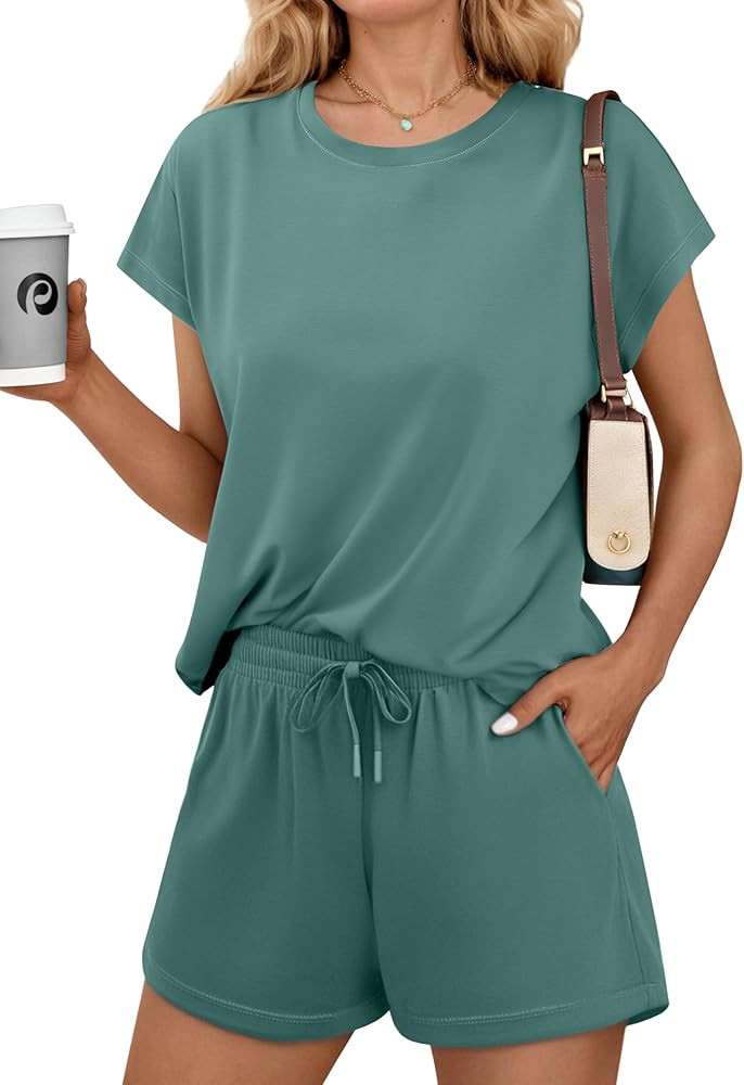 PINSPARK 2 Piece Sets for Women Summer Crewneck Matching Shorts Lounge Set with Pockets Casual Tr... | Amazon (US)