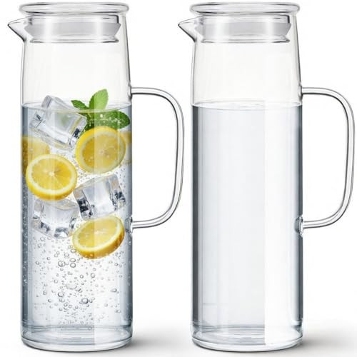 Hsei 2 Sets Glass Pitcher with Lid, 50 oz / 1500 ml Water Carafe with Handles Hot Cold Beverage Water Jar Glass Jug for Tea Juice Milk Coffee Iced Beverage (Glass Lid) | Amazon (US)
