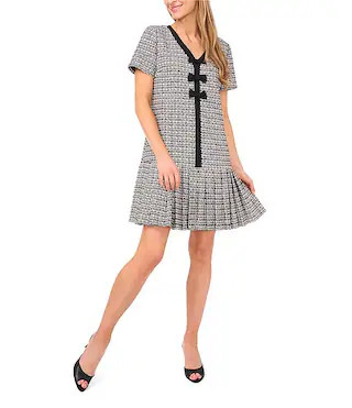 CeCe Tweed V-Neck Short Sleeve Pleated Bow Dress | Dillard's | Dillard's